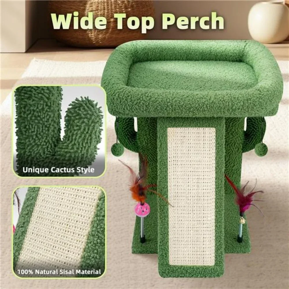 Cactus Cat Tree Tower with Cat Scratching Post with Playful Toy Balls, Green